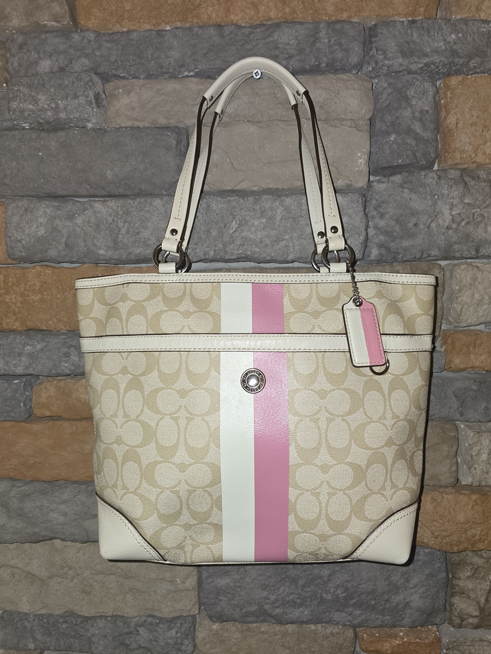 COACH F14477 Beige Khaki Signature Coated Canvas Tote Pink & White Stripe *Read*